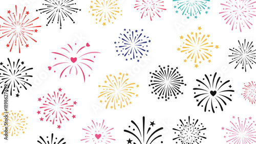 A colorful illustration of various fireworks exploding in the night sky