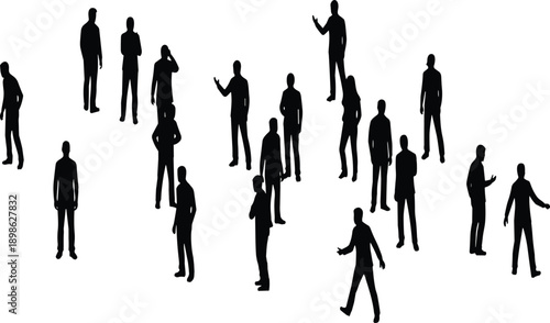 Large collection of diverse people silhouettes in standing and walking poses, group of men and women figures, flat vector illustration, cad drawing