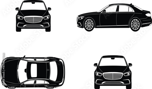 Luxury sedan car silhouettes set, modern vehicle blueprints from front side and top view, flat vector illustration, automotive design elements, cad drawing