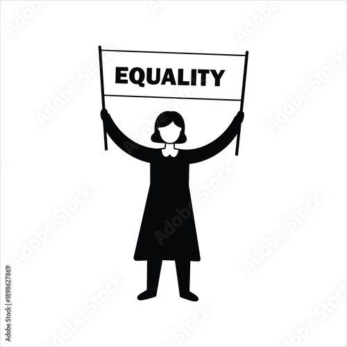Silhouette of a woman holding a banner that reads equality in black