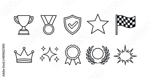 Achievement and award outline icon set. Awards, medals, trophies outline collection