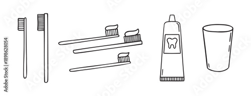 Toothpaste, toothbrush, dental cleaning equipment doodle hand drawn icon. Outline drawing toothpaste, toothbrush, line clipart symbol