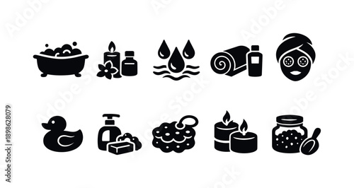 Spa and relaxation silhouette icon set. Bath, wellness, self-care icons silhouette collection