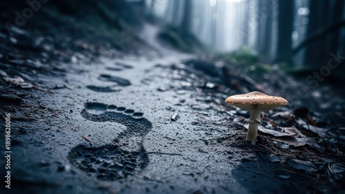 Mysterious forest path, footprints and mushroom, dark and moody atmosphere, serene and eerie landscape