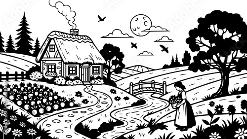 Charming Rural Illustration of a Thatched-Roof Cottage, Stream, Bridge, and a Woman with Flowers