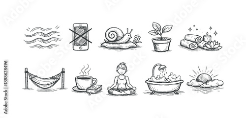 Relaxation and mindfulness outline icon set for wellness and calm living