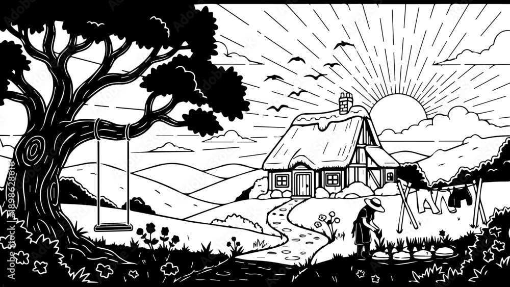 Obraz premium Idyllic Sunrise Landscape with Charming Cottage, Swing, and Washing Line