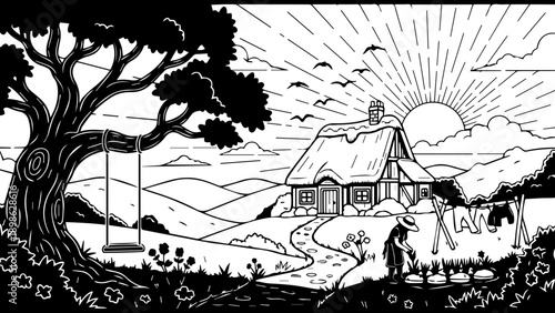 Idyllic Sunrise Landscape with Charming Cottage, Swing, and Washing Line