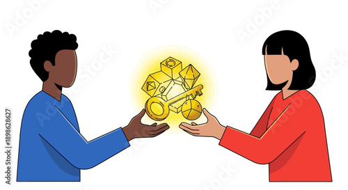 Partnership and Key to Success Exchange. Diverse people handing over golden geometric digital assets, knowledge, or complex solutions.