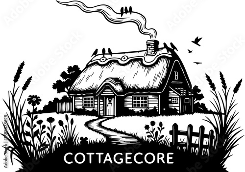 Cozy Black and White Cottagecore Illustration of a Thatched Cottage with Flowers