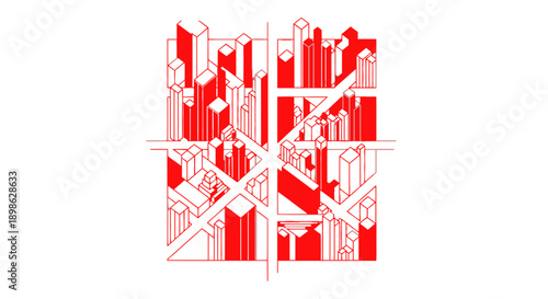 Abstract Red Isometric City Map Vector. Modern Urban Architecture Grid Design. Skyline Outline Technical Illustration.