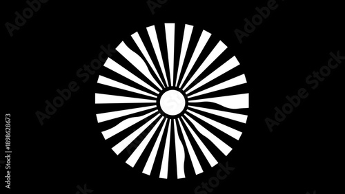 Stylized abstract sunburst or starburst pattern in black and white, radiating from a central circle.