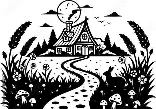 Whimsical black and white silhouette of a storybook cottage nestled among whimsical plants and a crescent moon.