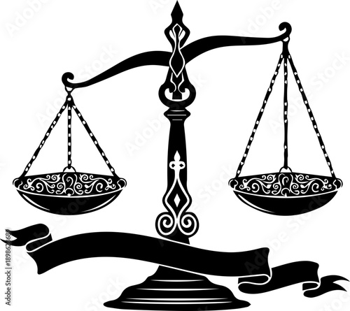 Black and white vintage scales of justice with decorative elements and a blank ribbon for text.