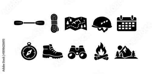 Outdoor adventure silhouette icon set. Camping, hiking, and exploration icons collection