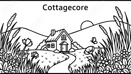 Charming black and white illustration of a cottagecore scene with a house, flowers, butterfly, and rolling hills at sunset.