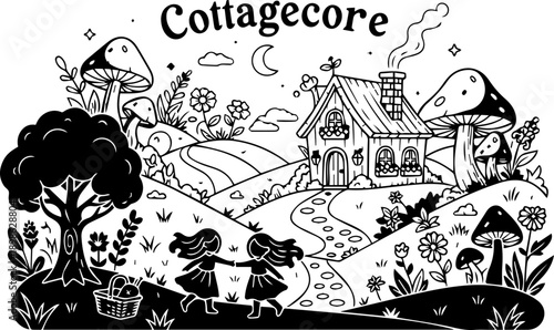 Charming black and white illustration of a whimsical cottagecore landscape with smiling children, mushrooms, and flowers.