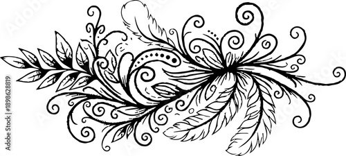 Elegant black and white abstract floral and feather design created with fine dots and swirling lines, perfect for decorative accents.