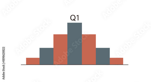 Q1 Business Performance Bar Chart Data Visualization. Stylized Infographic Showing Quarterly Results, Statistical Distribution, and Central Peak Metrics.