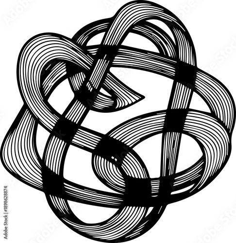 Intricate black and white Celtic knot design, a continuous looping mathematical pattern symbolizing eternity and interconnectedness.