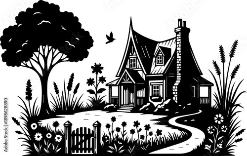 Whimsical black and white illustration of a charming cottage with a large tree, flowers, fence, and butterfly, evoking a storybook feel.