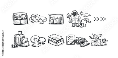 Travel essentials sketch icon collection. Vacation, tourism outlined icons set.