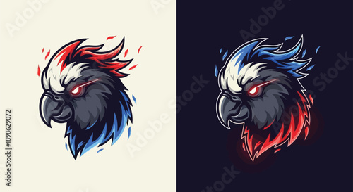 Stylized parrot head logo with fiery red and blue feathers, glowing red eyes, and a dynamic esports mascot design on a light background.