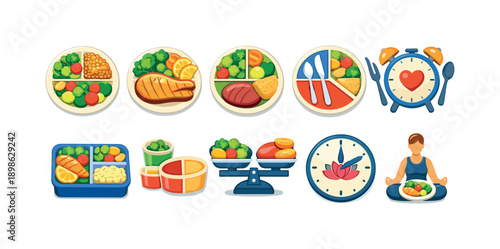 Healthy eating, meal planning flat icon set. Nutrition, diet, lifestyle icons collection