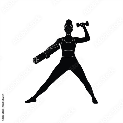 Silhouette of a woman exercising with dumbbells and a yoga mat