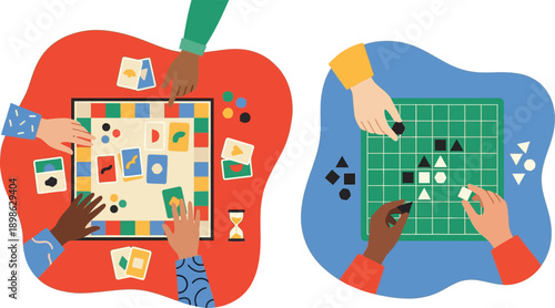 Creative board game hobbies, people playing board games together flat vector illustration, game elements like dice, cards, and pawns
