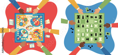 Creative board game hobbies, people playing board games together flat vector illustration, game elements like dice, cards, and pawns