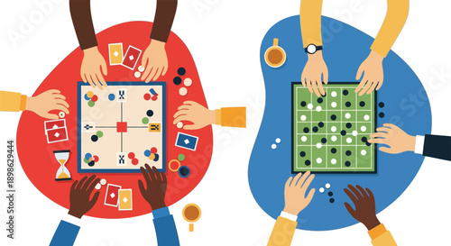 Creative board game hobbies, people playing board games together flat vector illustration, game elements like dice, cards, and pawns