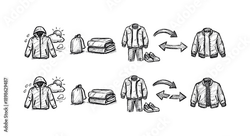 Clothing, weather outline icon set. Interchangeable apparel and conditions symbols
