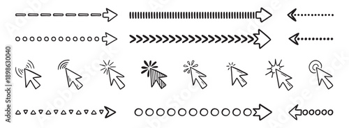 Doodle click icon and hand drawn arrows set. Doodle line mouse cursor.