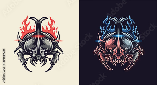 Two stylized rhinoceros beetle illustrations, one with red flames on a light background and the other with blue flames on a dark background, showcasing a fierce insect mascot design.