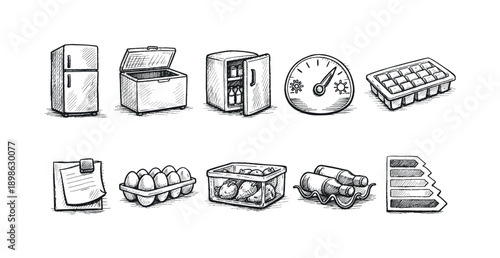 Kitchen, food storage sketch icon set. Hand-drawn, outline kitchen essentials