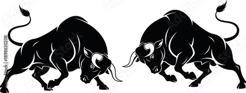 Charging bull silhouette illustration set with aggressive strength pose, powerful animal symbol for finance, stock market and logo design