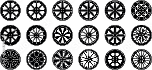 Car wheel rim designs set with modern alloy spoke variations, automotive tire rim icons illustrated in black and white vector style collection pack