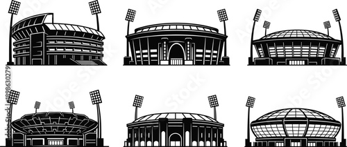 Black and white sports stadium silhouettes set featuring modern arena architecture designs with floodlights for football soccer or cricket matches isolated on white background