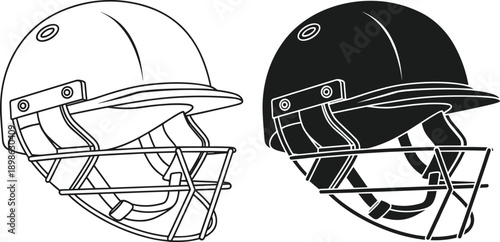 Black and white cricket helmet vector icons featuring protective headgear with face grill and adjustable straps for sports safety equipment isolated on white background