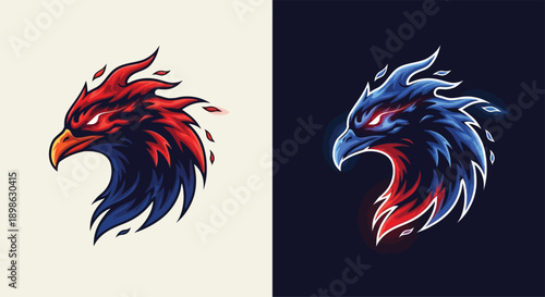 Two fierce eagle head logos, one with red and blue on a light background, the other with blue and red on a dark background, both with glowing eyes, suitable for esports or gaming mascots.