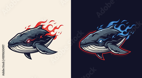 Two fierce whale mascots with fiery auras, one with red flames and the other with blue flames, suitable for gaming or sports teams.