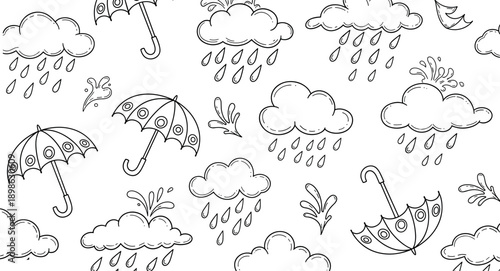 Cute rainy weather doodle set with clouds, raindrops and umbrellas, hand drawn outline vector illustration for children, coloring books and educational design