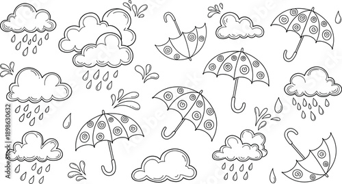 Cute rainy weather doodle illustration set with umbrellas, clouds and raindrops in playful black line art style for kids design, stickers, patterns and vector projects