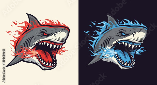 A fierce great white shark head with an open mouth, sharp teeth, and red flames emanating from its body and mouth, depicted in a dynamic, aggressive style.