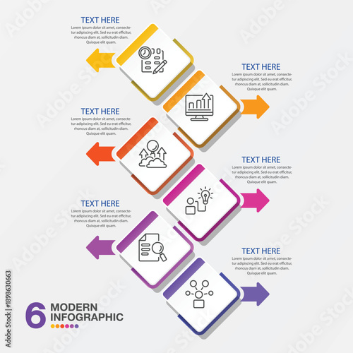 Infographic 6 successive steps, elements and space for data.