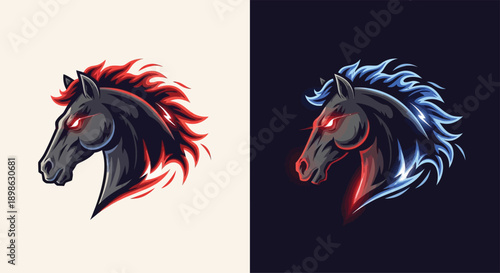 Two powerful stylized horse head logos with glowing red eyes and fiery manes, one red on light background and one blue on dark background, representing strength and speed.