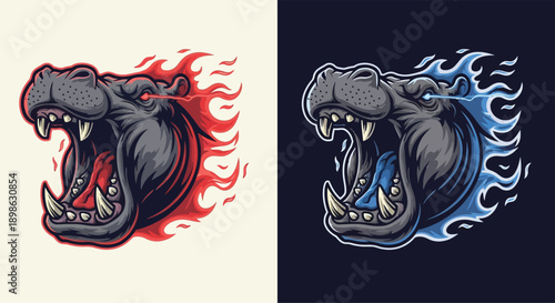 Aggressive hippopotamus head mascot illustration with open mouth and sharp teeth, surrounded by fiery red flames and glowing red eyes, in a dynamic and powerful style.