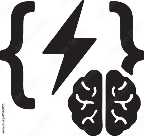 A human brain incorporated with a lightning bolt inside curly braces, illustrating the dynamic logic, intelligence, and interactivity of JavaScript programming, bold vector icon