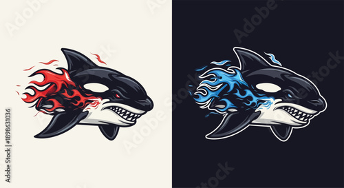 Two powerful killer whale illustrations, one with fiery red flames and the other with icy blue flames, showcasing an aggressive marine predator design.